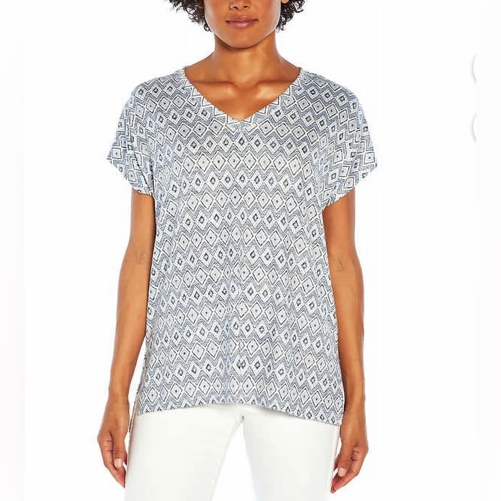 Orvis Knit Short Sleeve Tee Size XL Blue White V Neck Relaxed Fit Tunic Coastal